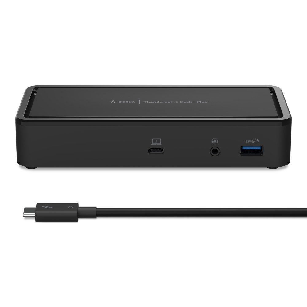 Adaptor multimedia Belkin Plus Dock, Thunderbolt 3, USB-C, USB-A, Jack, 4K, 60Hz, 40 Gbps, 60W, 267 g, 31x77.6x165.7 mm, Negru
