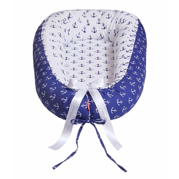 Cuib pentru bebelusi Scamp, Premium Baby Nest cu doua fete, cu saltea de cocos, husa 100% bumbac, antialergic, Ancora Blue White Cuib pentru bebelusi Scamp, Premium Baby Nest cu doua fete, cu saltea de cocos, husa 100% bumbac, antialergic, Ancora Blue White