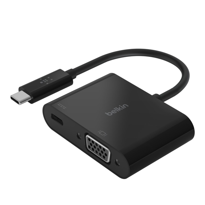 USB-С хъб Belkin USB-C към VGA + адаптер за зареждане, Черен