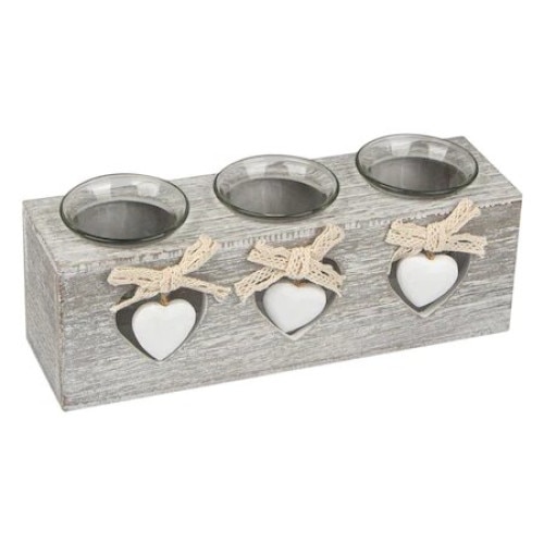 Suport lumanari din lemn, Ramdeco, gri, cu ornament inimioara alba