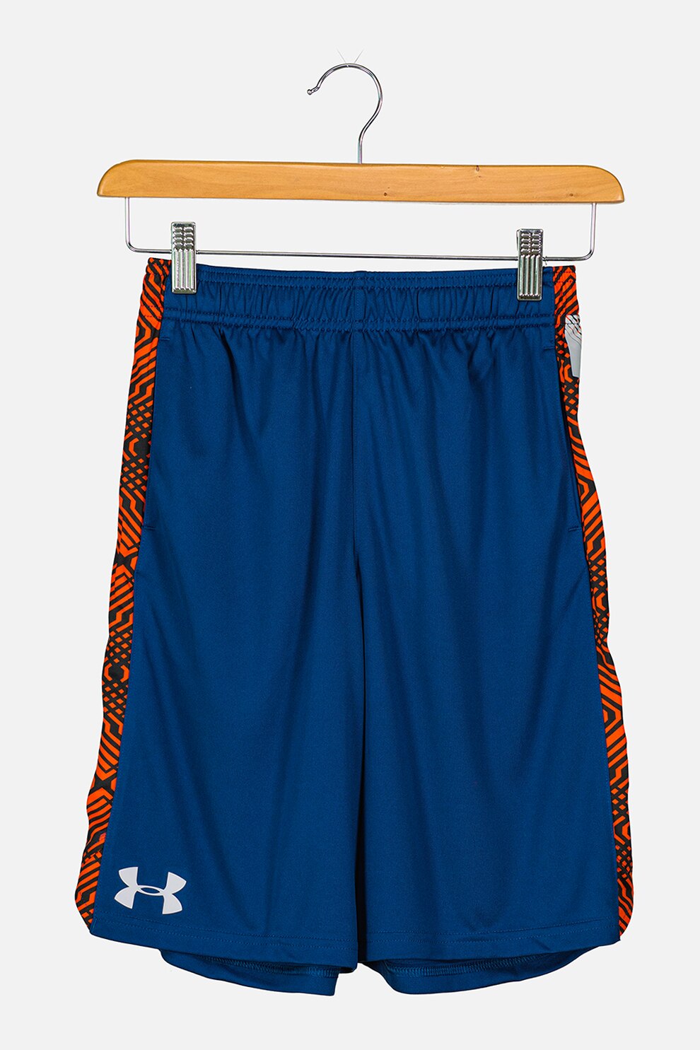 Under Armour, Pantaloni scurti cu imprimeu pentru antrenament Eliminator, Bleumarin/Oranj mandarina