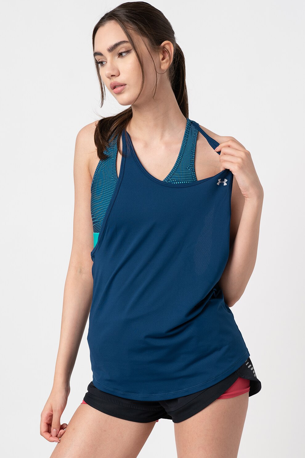 Under Armour, Top 2in1 cu decupaj racerback pentru antrenament, Bleumarin/Verde electric, XS