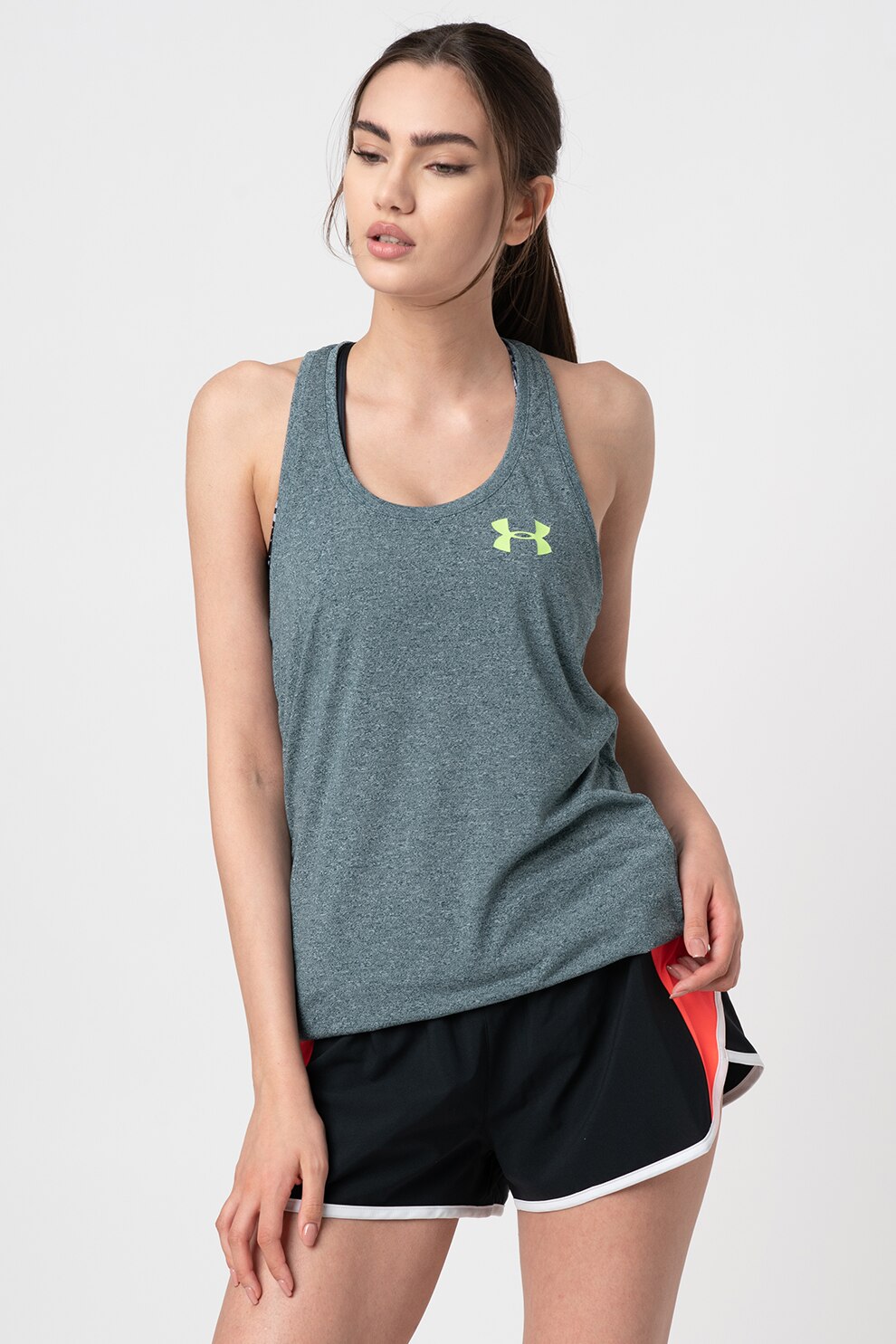 Under Armour, Top cu decupaj racerback si logo pentru fitness Threadborne™, Verde inchis melange/verde electric, S