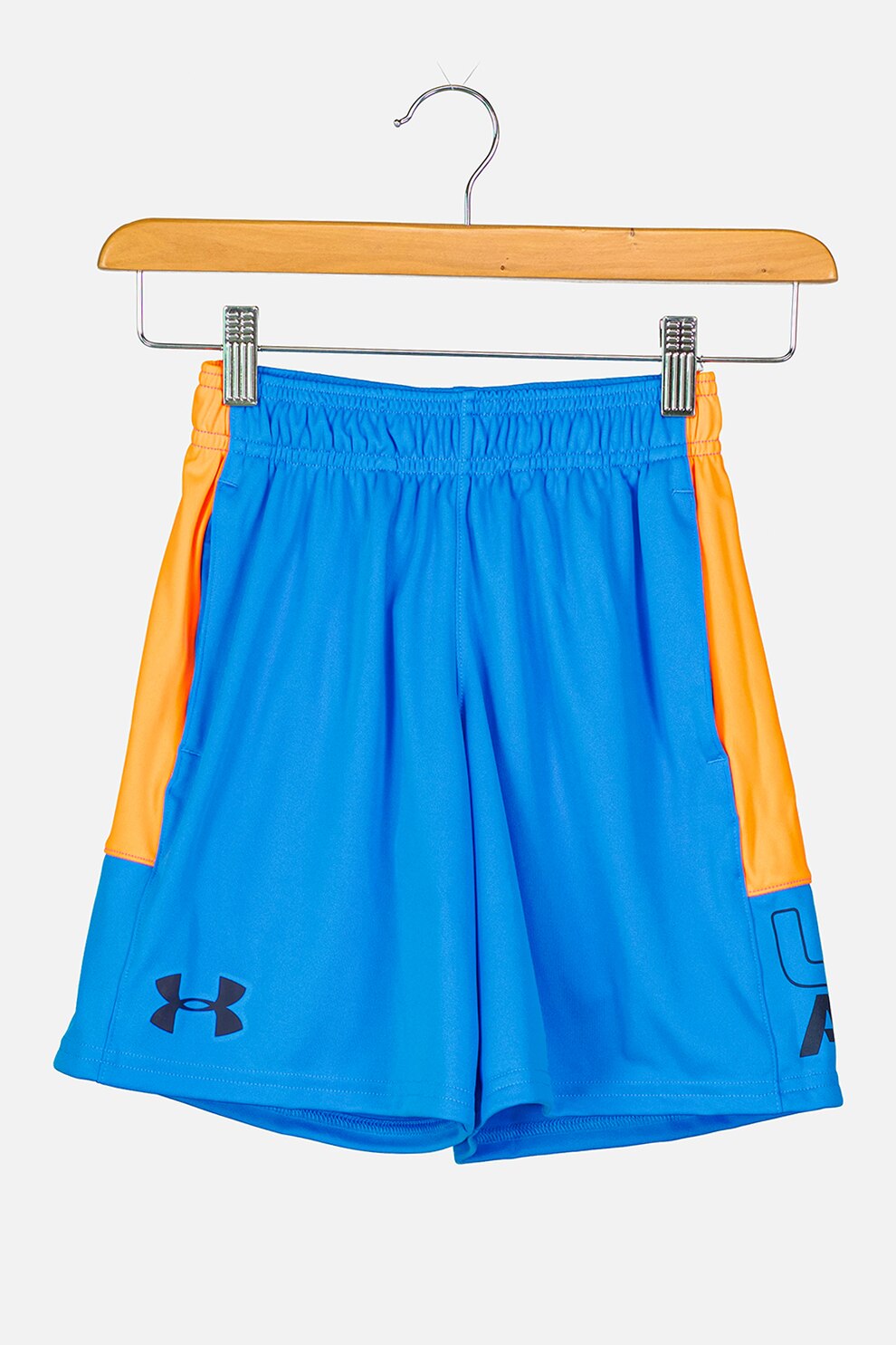 Under Armour, Bermude cu imprimeu logo pentru fitness Stunt, Albastru/Oranj mandarina