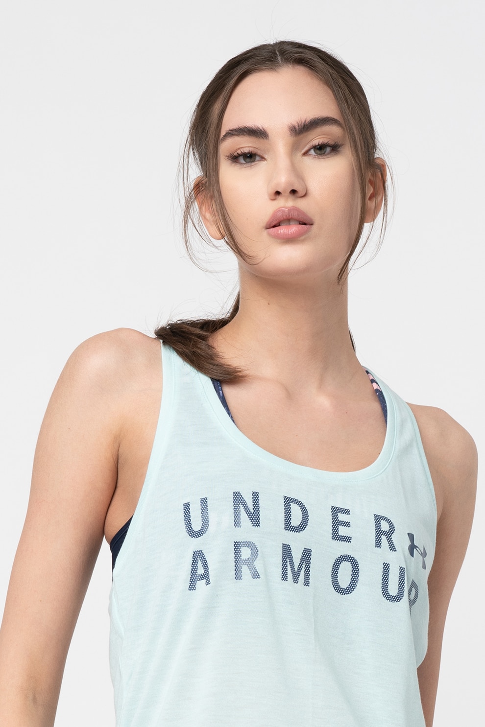 Under Armour, Top cu imprimeu logo pentru fitness Threadborne, Albastru aquamarin/Bleumarin
