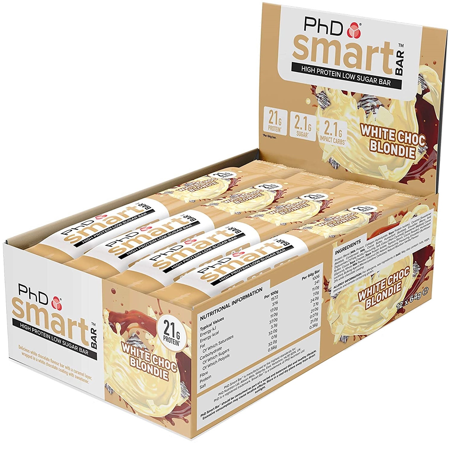 Batoane proteice Phd Smart Bar White Chocolate Blondie, cutie 12 bucati x 64 g bucata