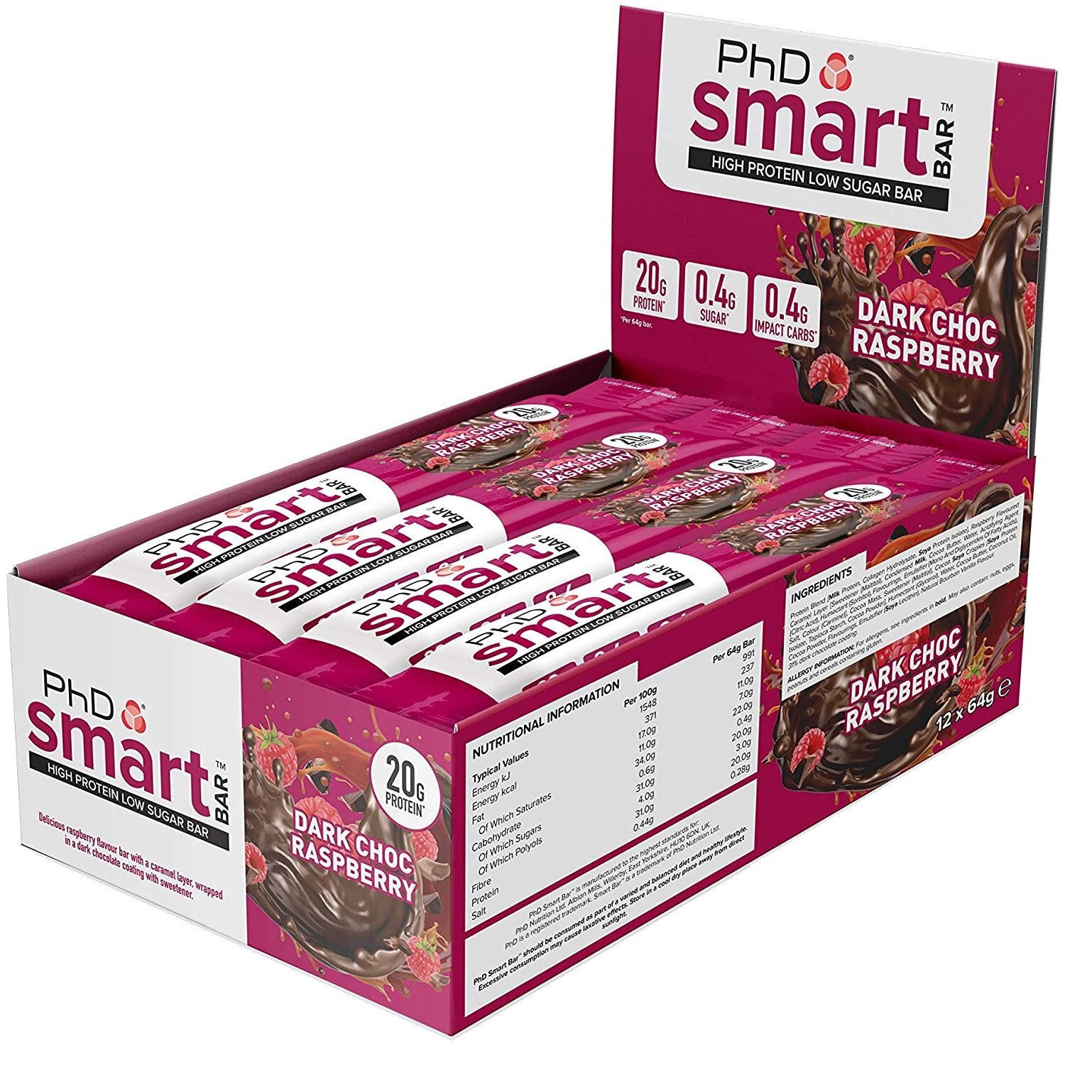Batoane proteice Phd Smart Bar Dark Chocolate Raspberry, cutie 12 bucati x 64 g bucata