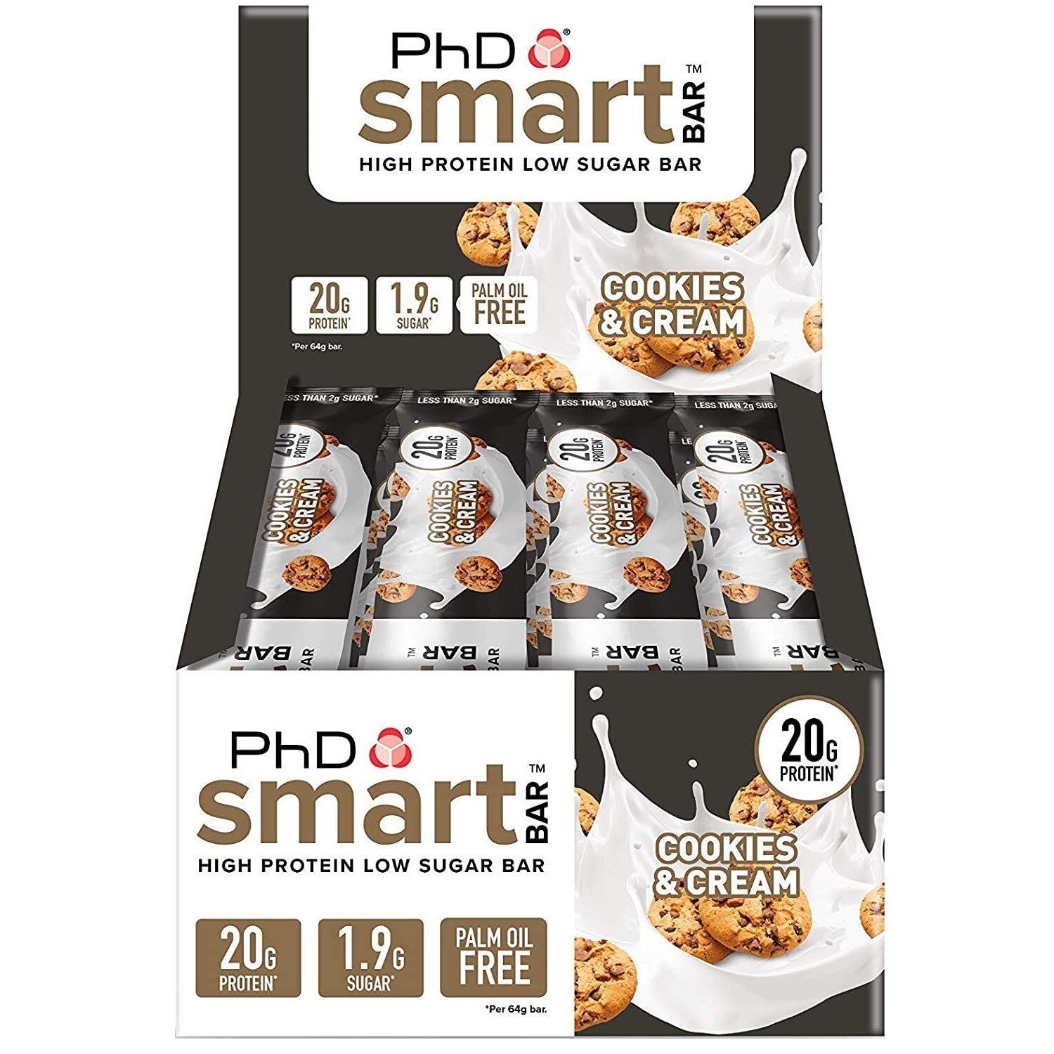 Batoane proteice Phd Smart Bar Cookies and Cream, cutie 12 bucati x 64 g bucata