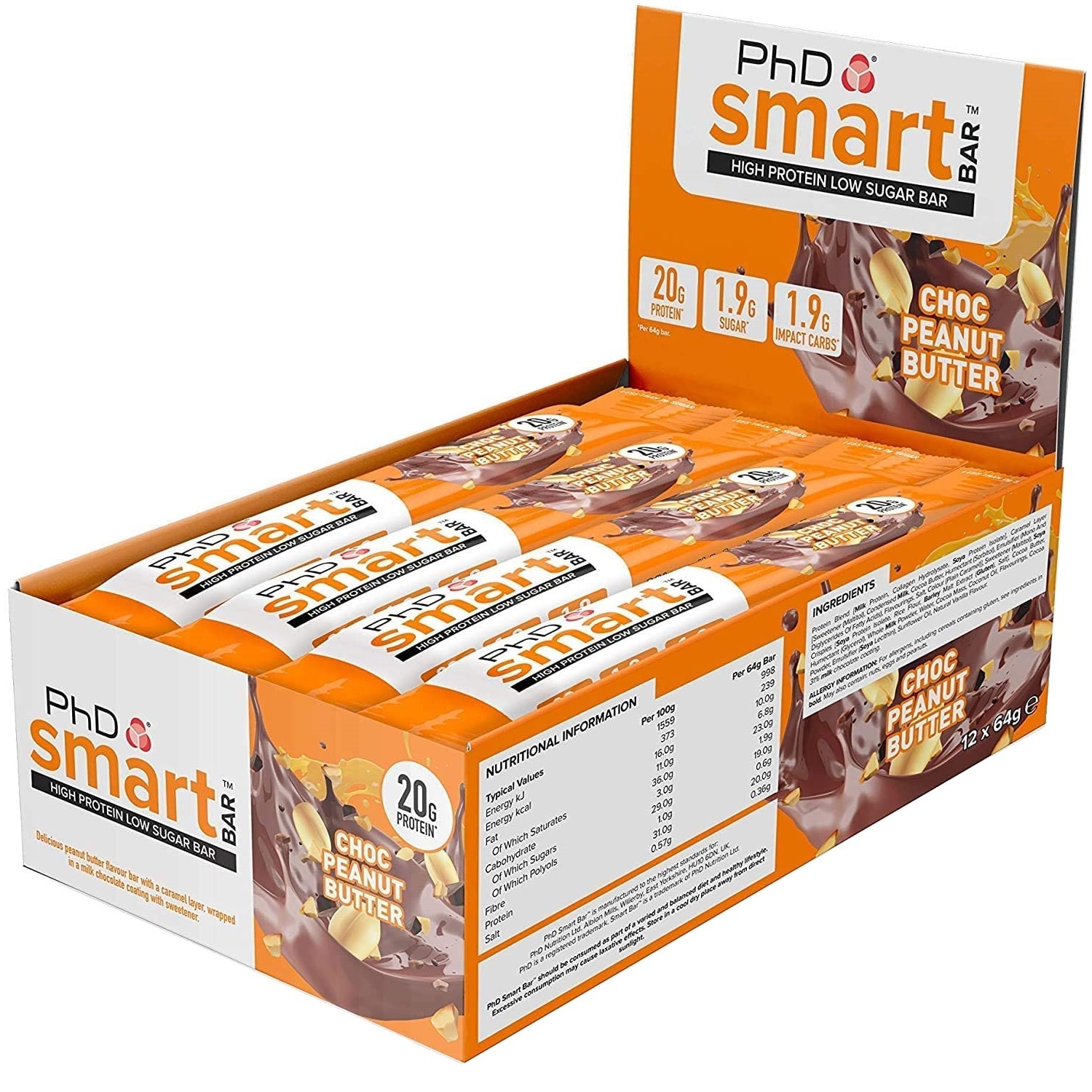 Batoane proteice Phd Smart Bar Chocolate Peanut Butter, cutie 12 bucati x 64 g bucata