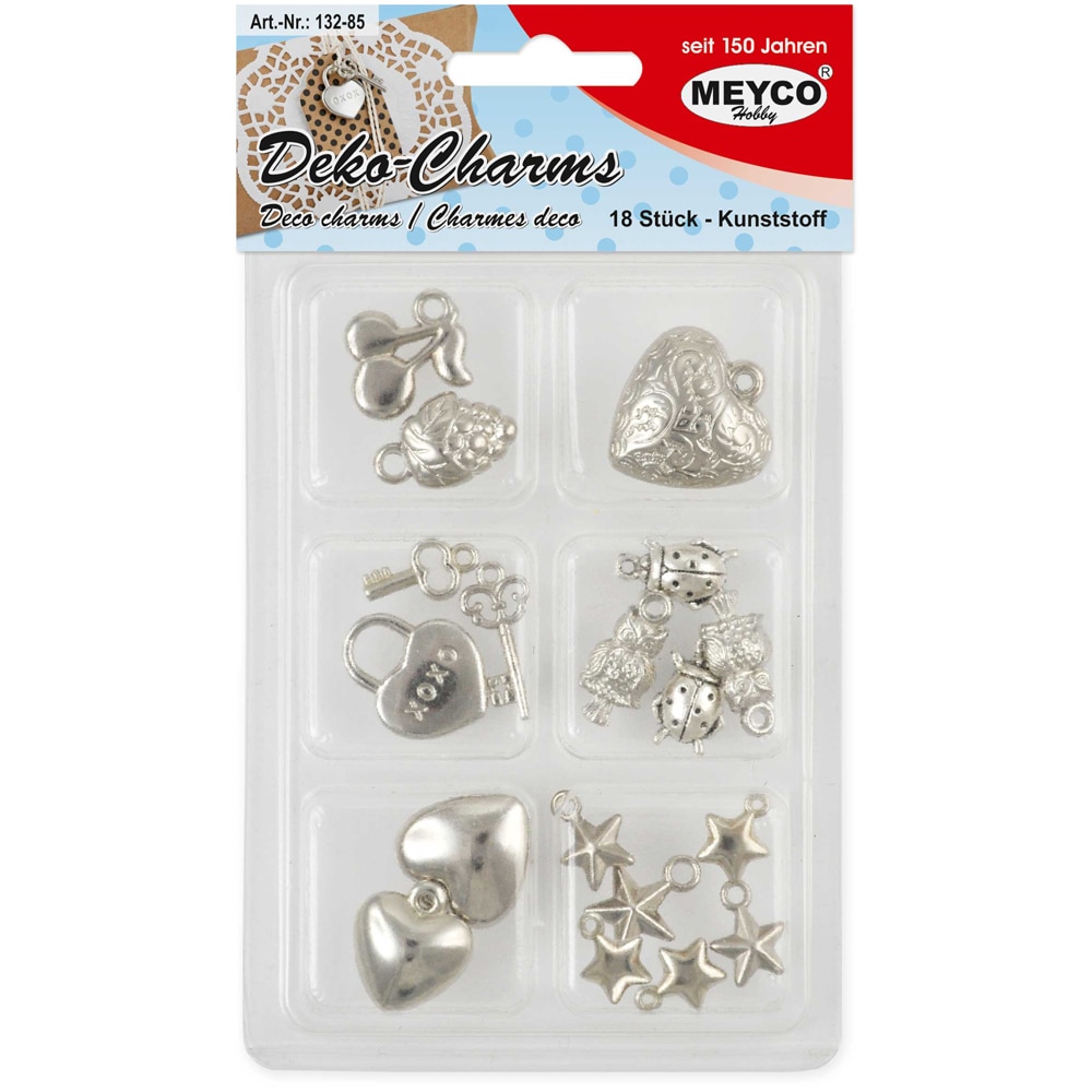 Set accesorii creatie, charms/margele talisman, 18 buc, plastic, argintiu, diferite forme, Meyco