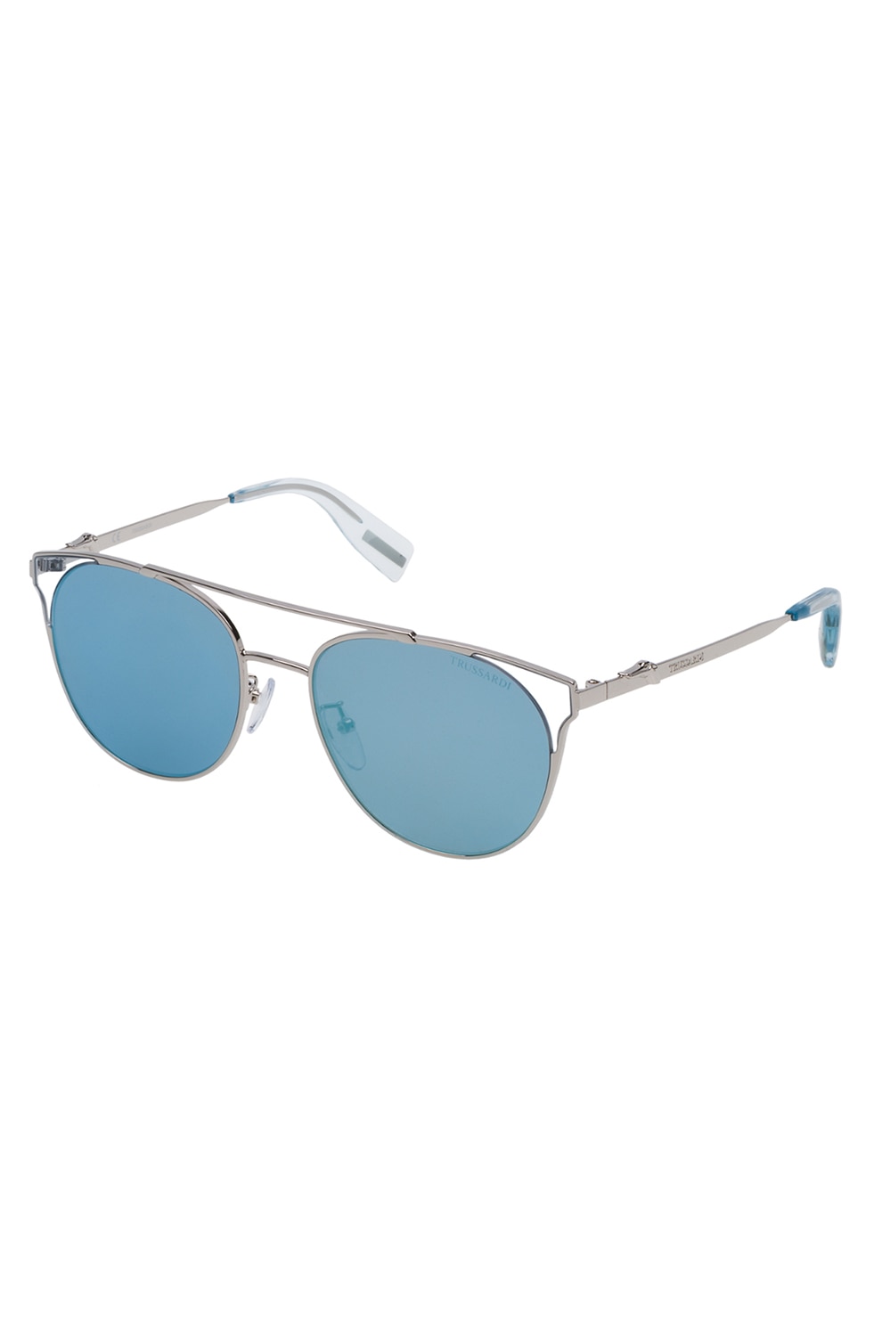 Trussardi, Ochelari de soare rotunzi cu rama metalica, Argintiu/Albastru, 54-18-135 Standard