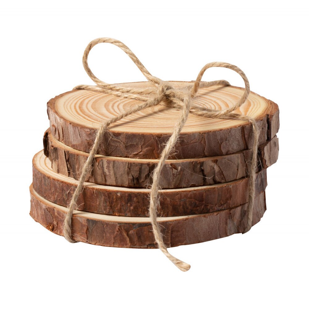 Set suport pahare 4 bucati, Ø100x40 mm, Everestus, 20IUN1873, Natur, Lemn, laveta inclusa