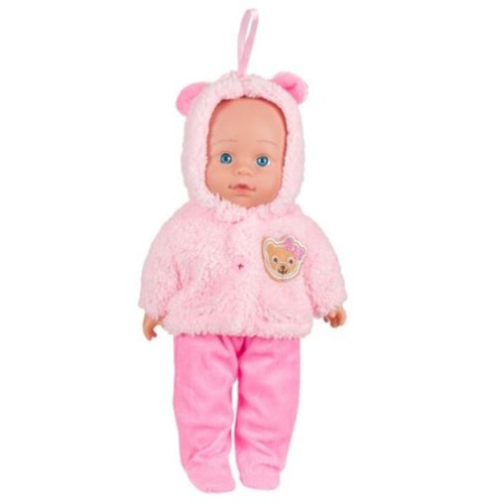 Baba baba mackó bolyhos ruhában, kapucnis kabát, rózsaszín 30 cm, +3 év