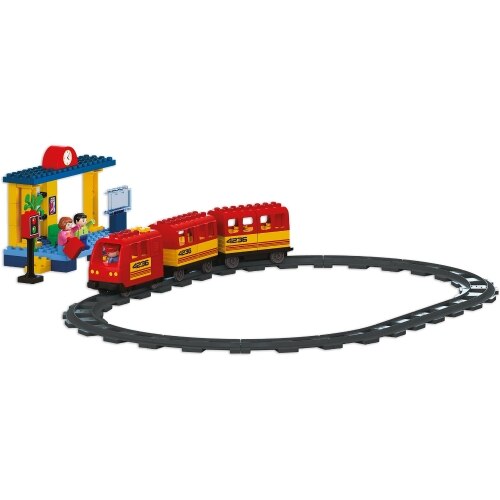 Set de constructie Imaginarium Trenino A Batteria circuit de tren cu 68 de piese, locomotiva, 2 vagoane, statie, 3 personaje si circuit