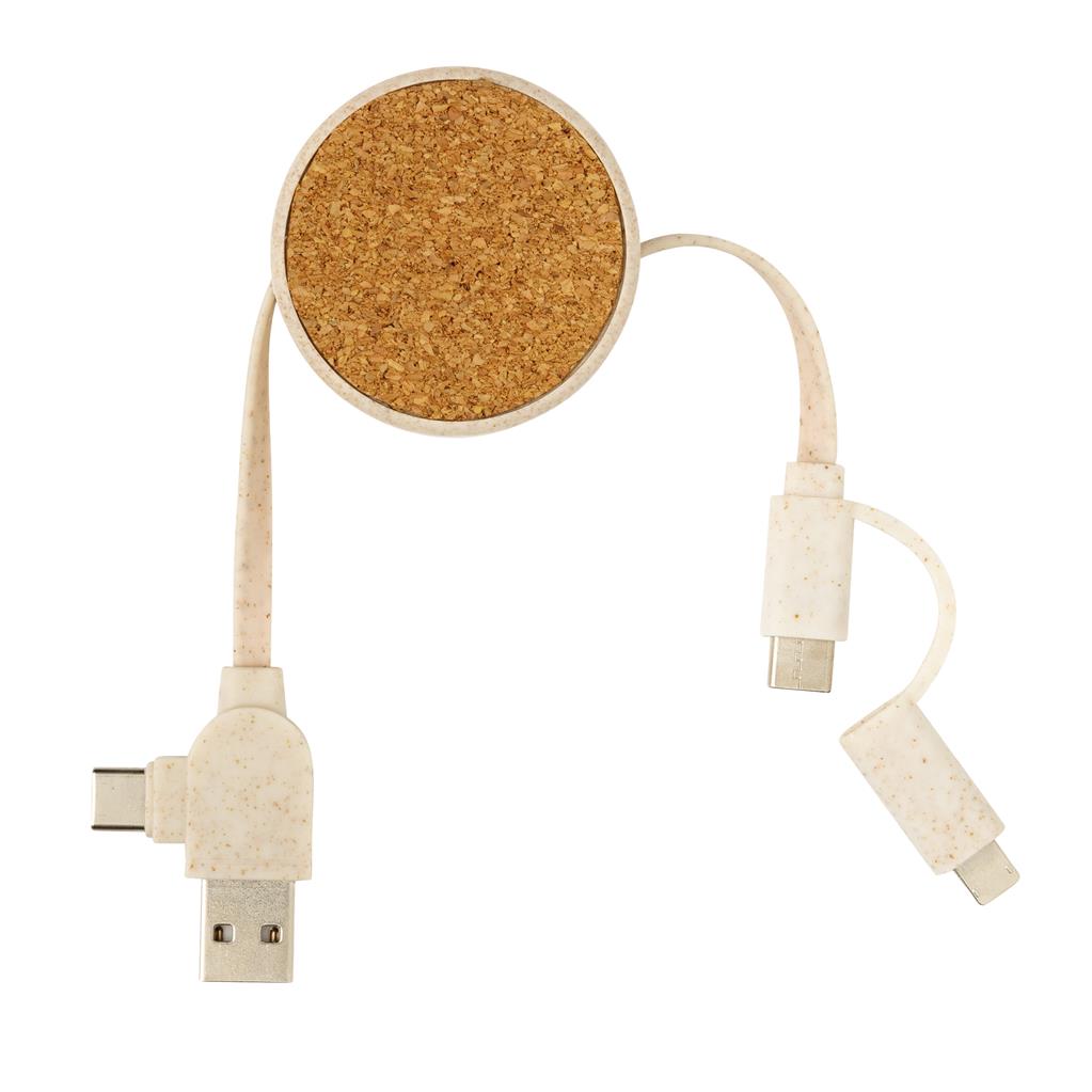 Cablu pluta si fibre de grau, zero waste, USB A, tip C, IOS, microUSB, 14x5x2 cm, lungime cablu 1mMaro