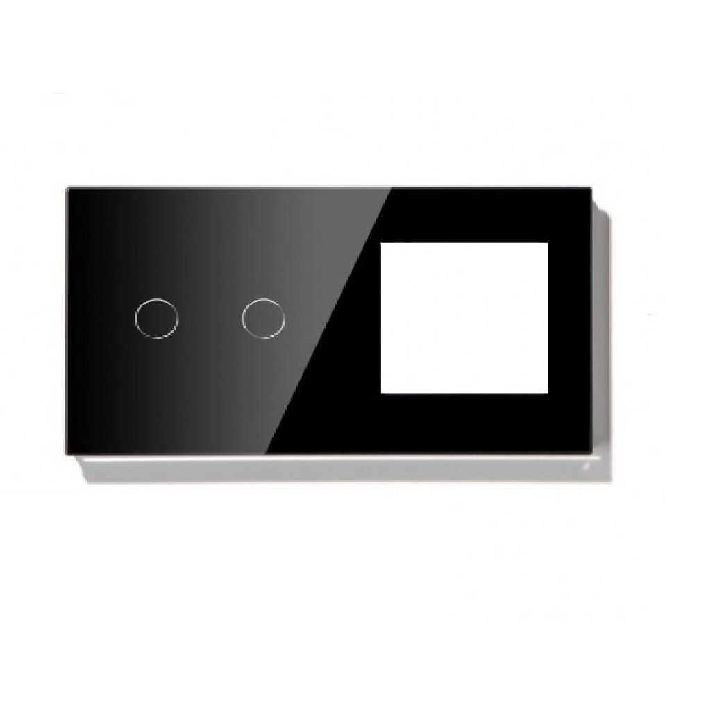 Panou intrerupator dublu cu touch si 1 priza din sticla negru