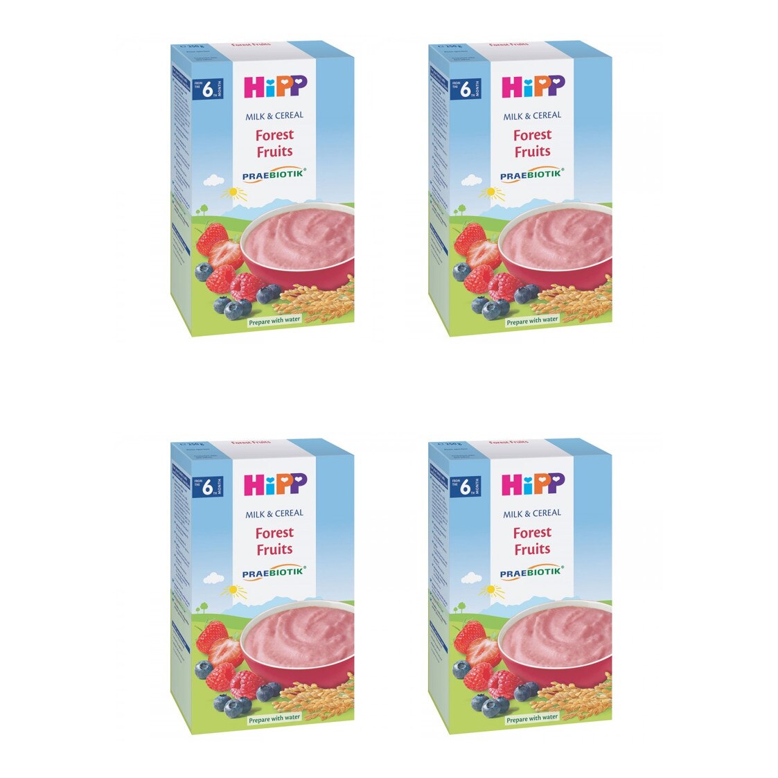Cereale Hipp cu lapte si fructe de padure, de la 6 luni, 250 g, pachet cu 4 cutii
