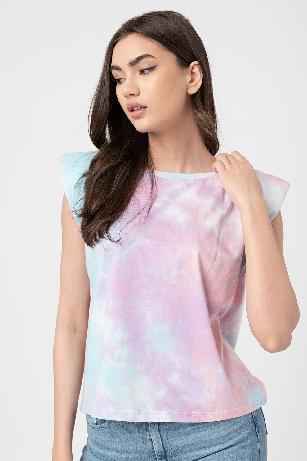 Only, Tricou din bumbac organic cu umeri intariti Amy, Albastru turcoaz/roz pastel/lila, L