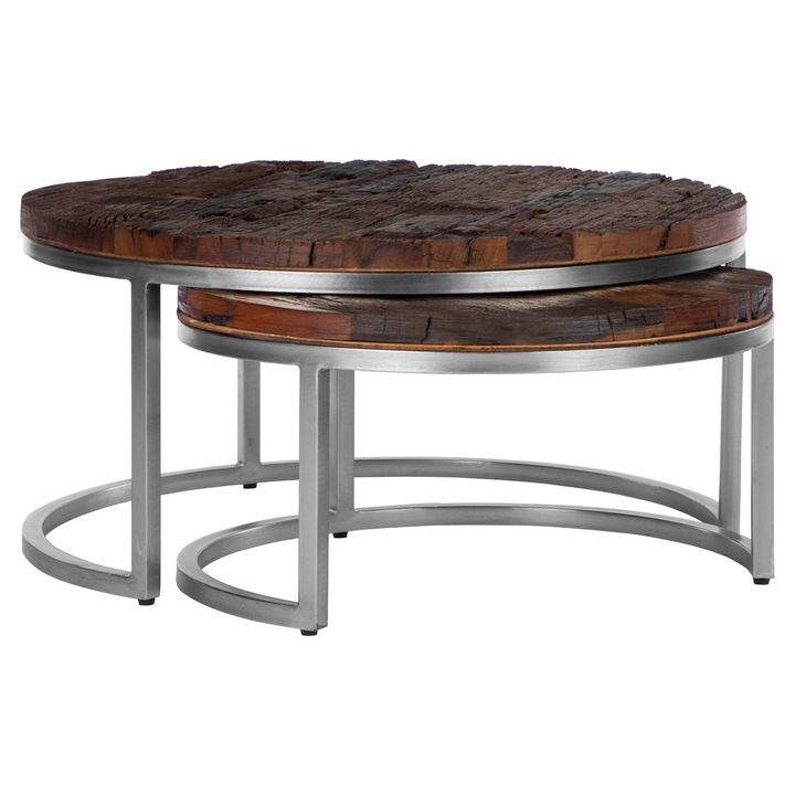 Комплект от 2 холни маси WOMO-DESIGN, O 70 x 35 см / O 56 x 29 см, Акациево дърво, Никел, Естествено кафяво