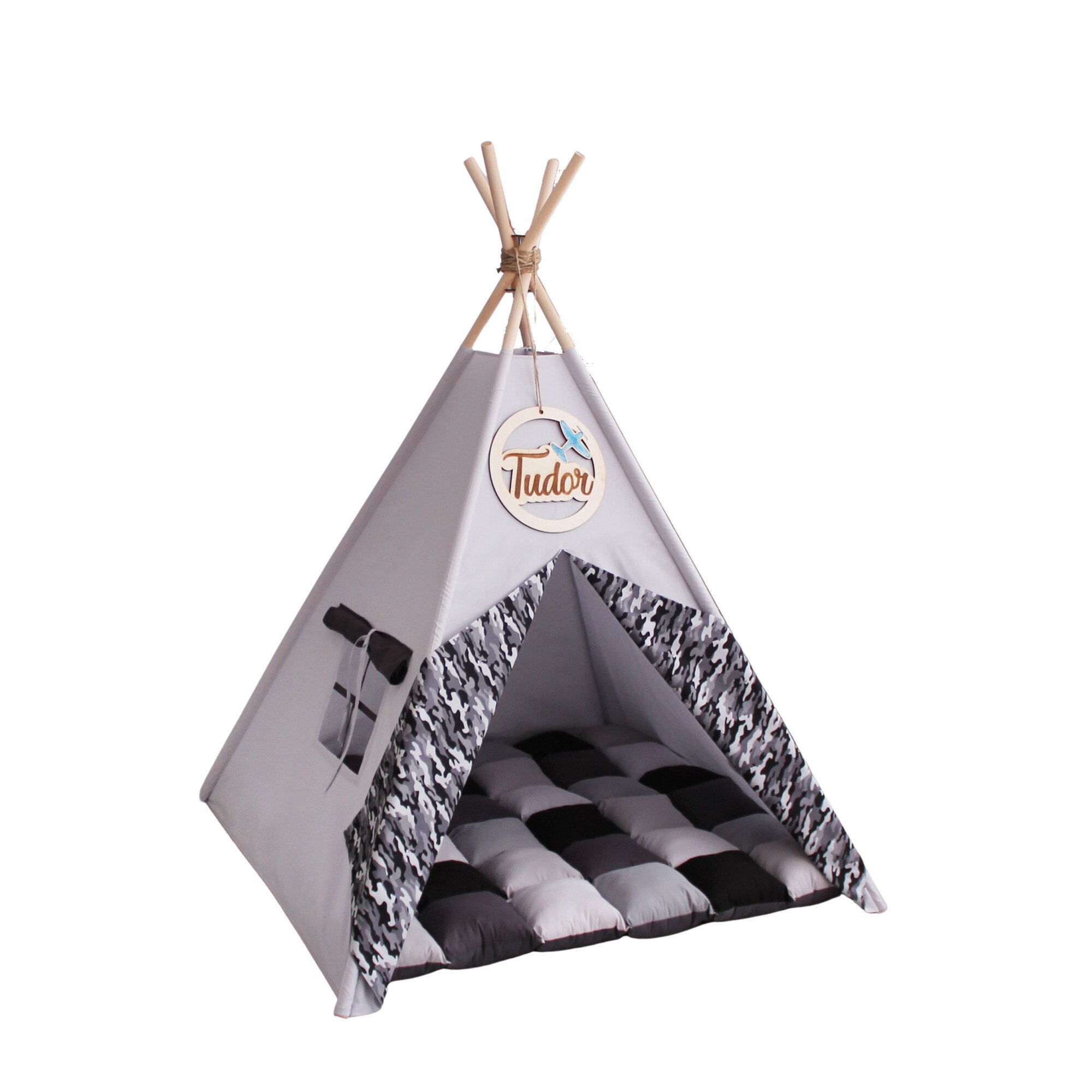 Cort teepee cu salteluta de joaca Montessori, Army, 2 piese, bumbac, 110x110x150 cm