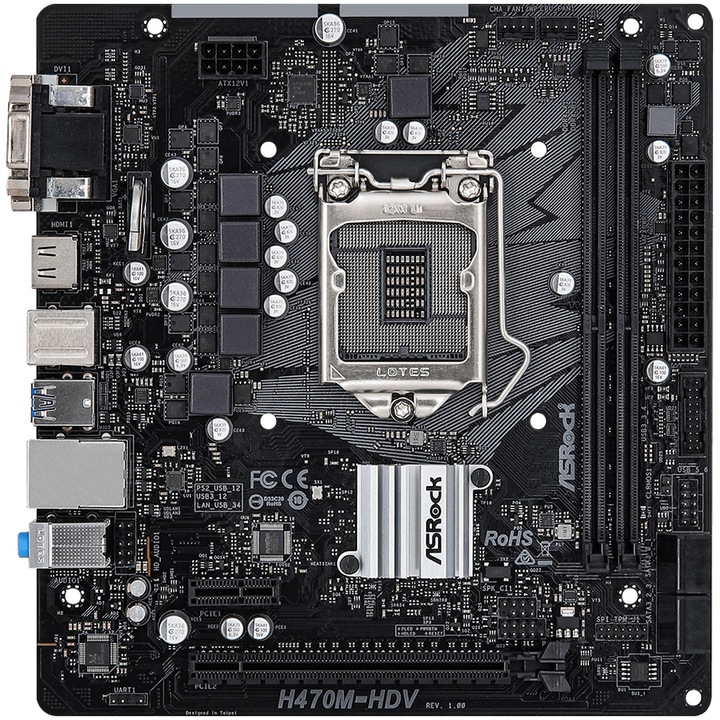 Дънна платка ASROCK Main Board Desktop H470M-HDV (S1200, 2xDDR4, 1 xPCIe x16, 1 xPCIe x1, 4xSATA3, GLAN, VGA, DVI-D, HDMI, 2xUSB 3.1, 4xUSB 3.2, mATX, Retail) H470M-HDV