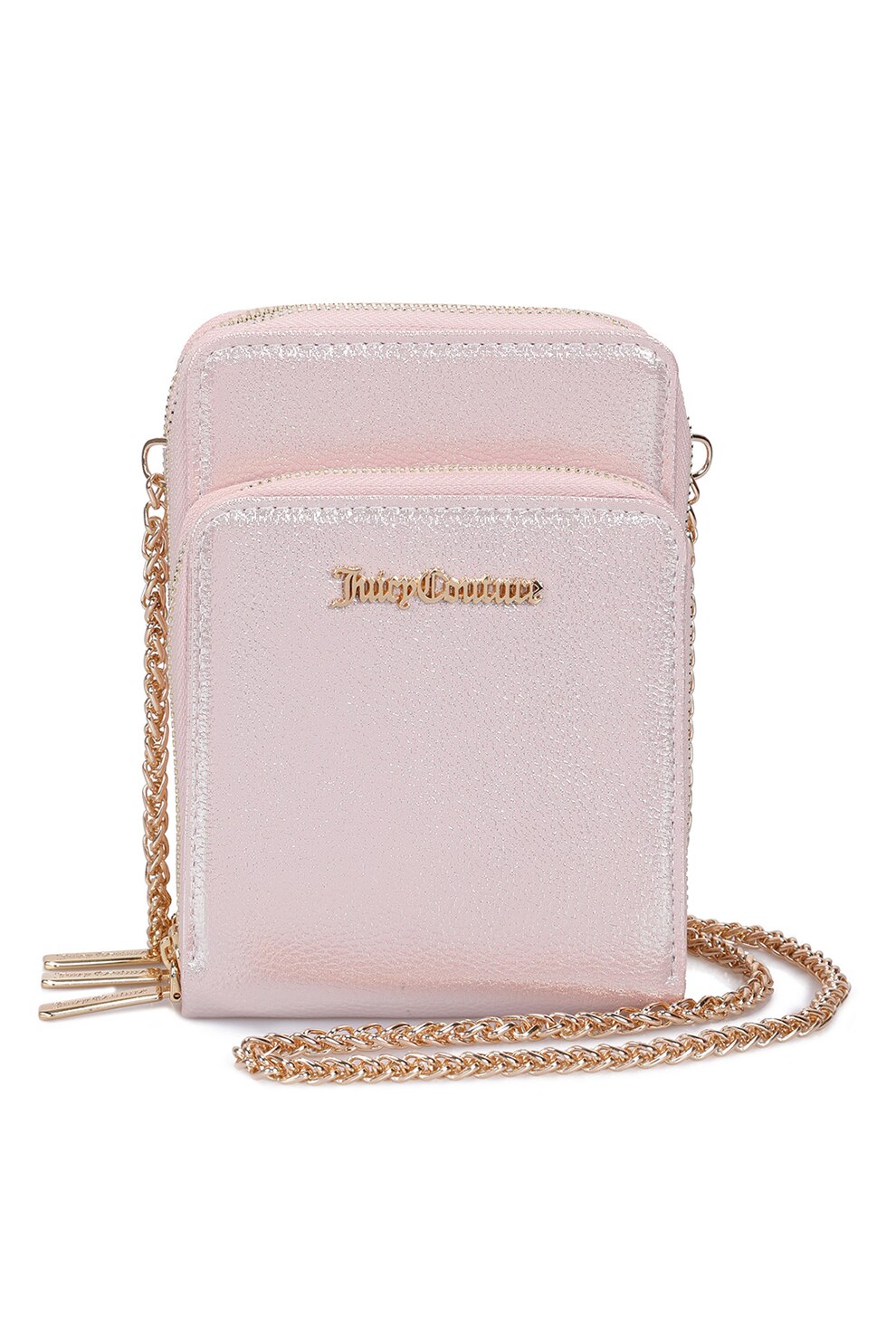 Juicy Couture, Geanta crossbody din piele ecologica cu aspect stralucitor, Roz pastel