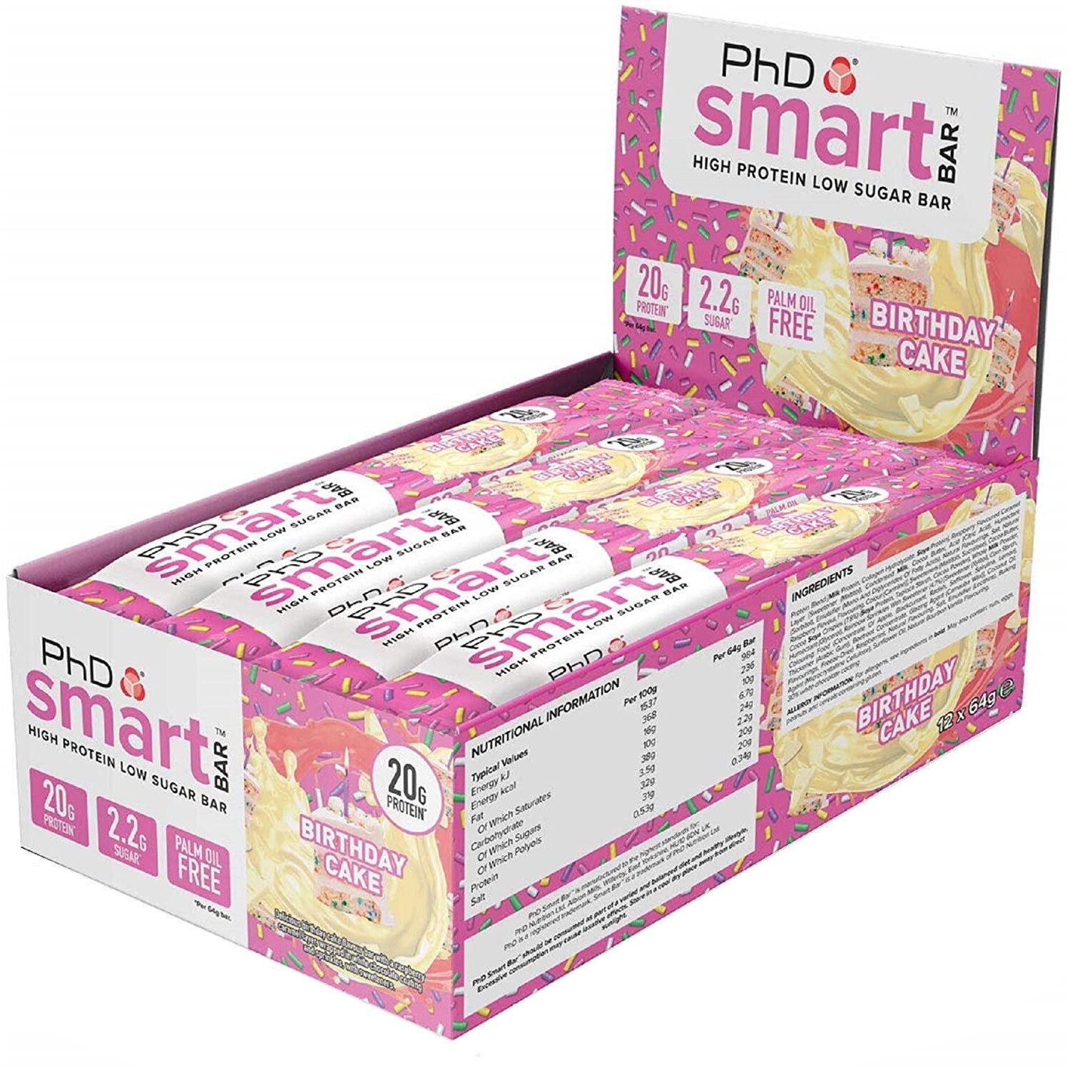 Batoane proteice Phd Smart Bar Birthday Cake, cutie 12 bucati x 64 g bucata