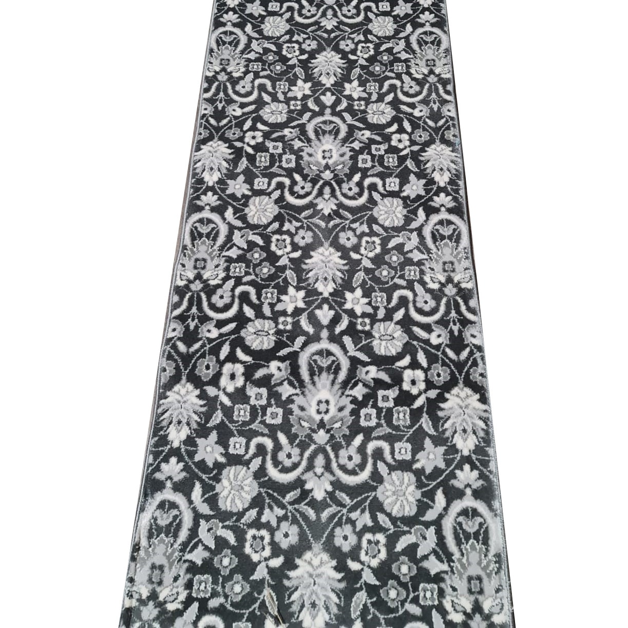 Covor traversa gri floral 80x380 cm, grosime 12 mm, greutate 2,6 kg/mp