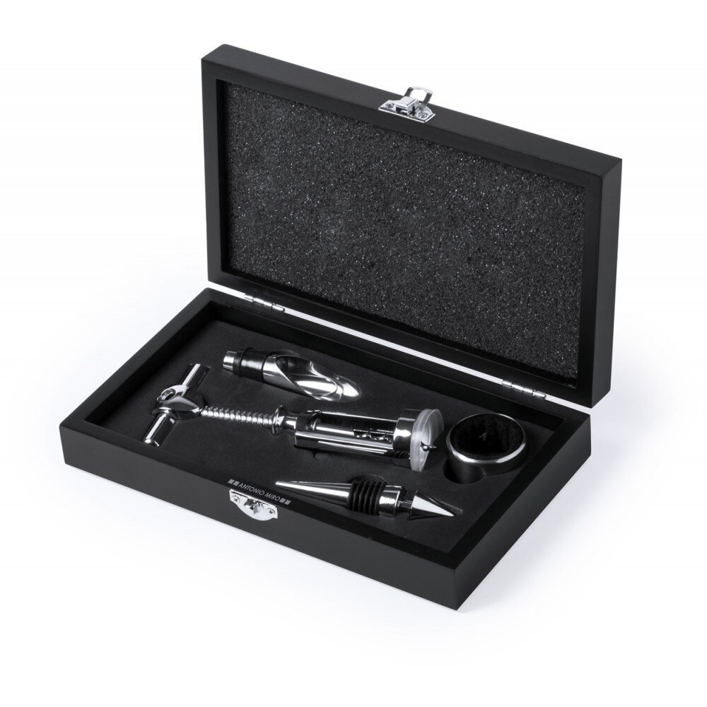 Set 4 accesorii vin in cutie, 230×51×132 mm, Antonio Miro by AleXer, 20FEB17240, Lemn, Negru, breloc inclus