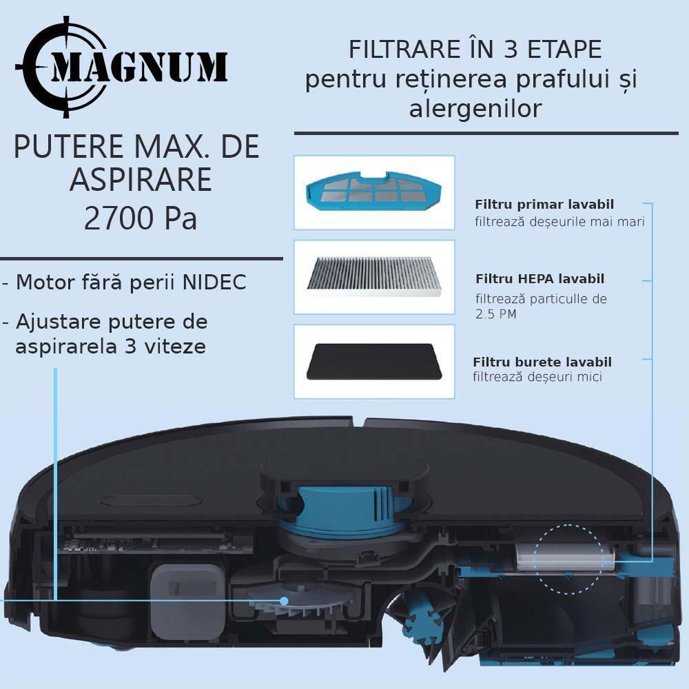 Robot aspirator MAGNUM ONE, Aplicatie lb romana, Functie Mop, Navigatie Laser, Harta, Zone interzise, Laser, Alb