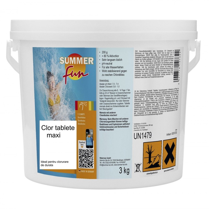 Clor Maxi tablete de 200 grame, Summer Fun, pentru apa piscina, 3 kg, dezinfectare