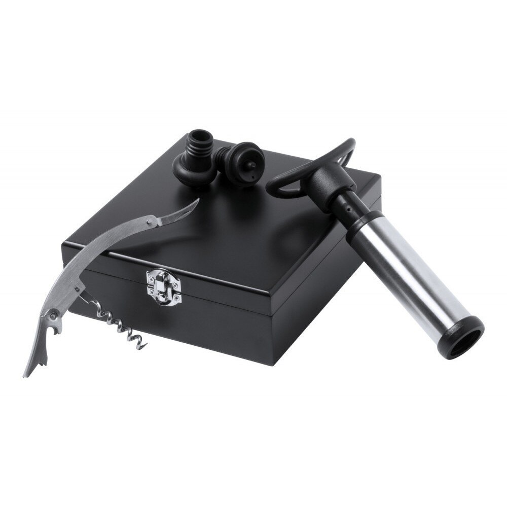 Set 4 accesorii vin in cutie, 185×63×170 mm, Antonio Miro by AleXer, 20FEB17200, Lemn, Metal, Negru, breloc inclus