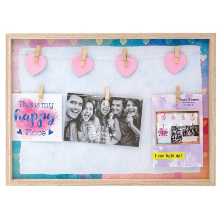 Cadru rama foto din lemn iluminat led cu 7 carlige, 42 x 32 cm