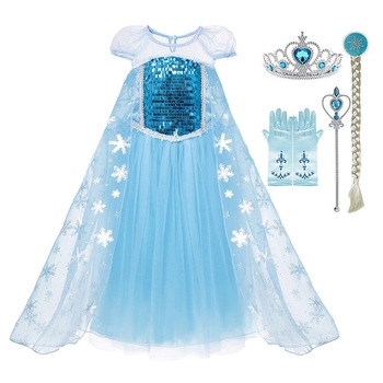 Set costum carnaval fete Elsa cu pelerina, manusi, bagheta, codita, coronita,7-8ani Set costum carnaval fete Elsa cu pelerina, manusi, bagheta, codita, coronita,7-8ani