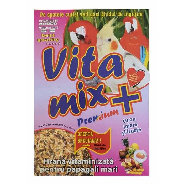 Hrana vitaminizata pentru papagali mari, Vitamix premium cu ou, miere si fructe, cutie 400 gr