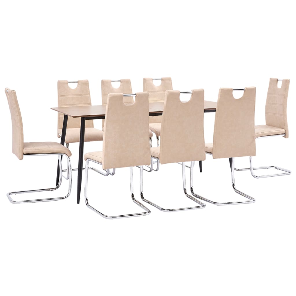 Set 9 piese masa cu scaune consola de bucatarie, vidaXL, Piele artificiala/MDF/Otel, 160 x 80 x 75 cm, Crem/Maro inchis