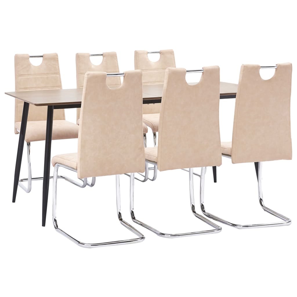 Set 7 piese masa cu scaune consola de bucatarie, vidaXL, Piele artificiala/MDF/Otel, 160 x 80 x 75 cm, Crem/Maro inchis