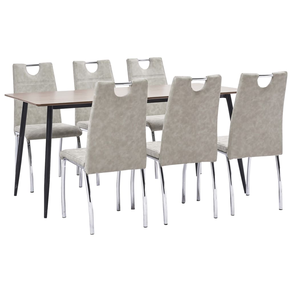 Set 7 piese masa cu scaune bucatarie, vidaXL, Piele artificiala/MDF/Otel, 160 x 80 x 75 cm, Gri deschis/Maro inchis