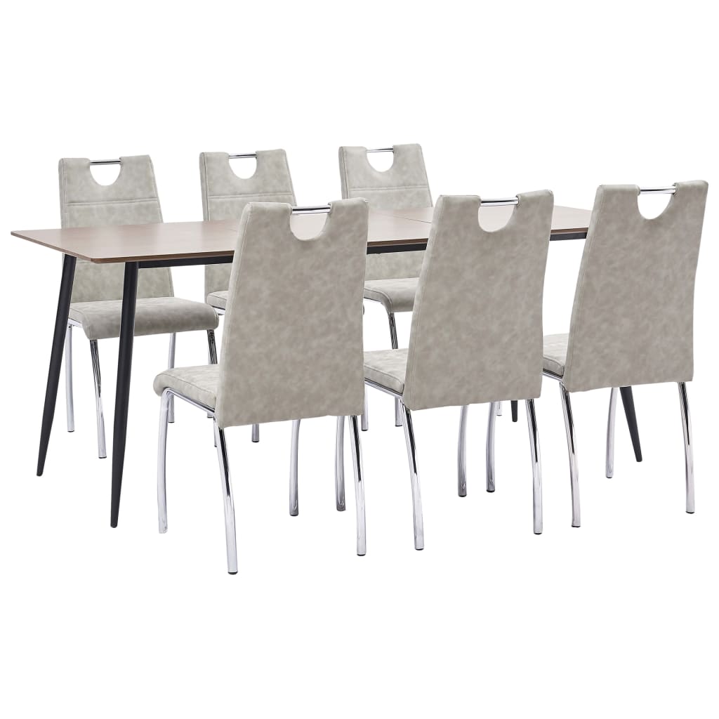 Set 7 piese masa cu scaune bucatarie, vidaXL, Piele artificiala/MDF/Otel, 180 x 90 x 75 cm, Gri deschis/Maro inchis