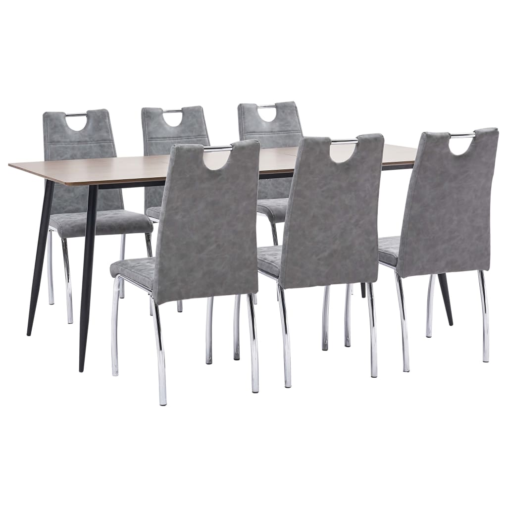 Set 7 piese masa cu scaune bucatarie, vidaXL, Piele artificiala/MDF/Otel, 180 x 90 x 75 cm, Gri inchis/Maro inchis