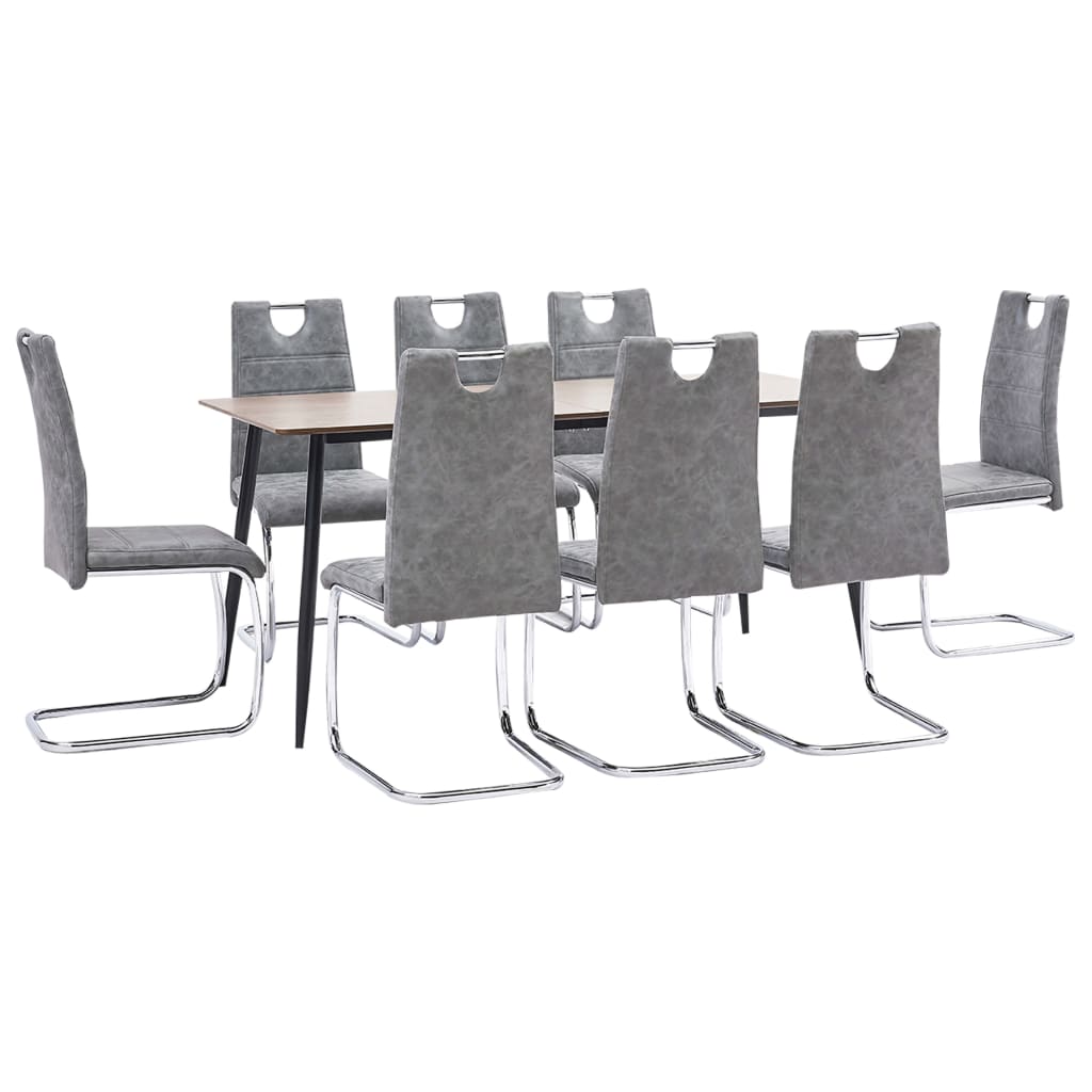 Set 9 piese masa cu scaune consola de bucatarie, vidaXL, Piele artificiala/MDF/Otel, 160 x 80 x 75 cm, Gri inchis/Maro inchis
