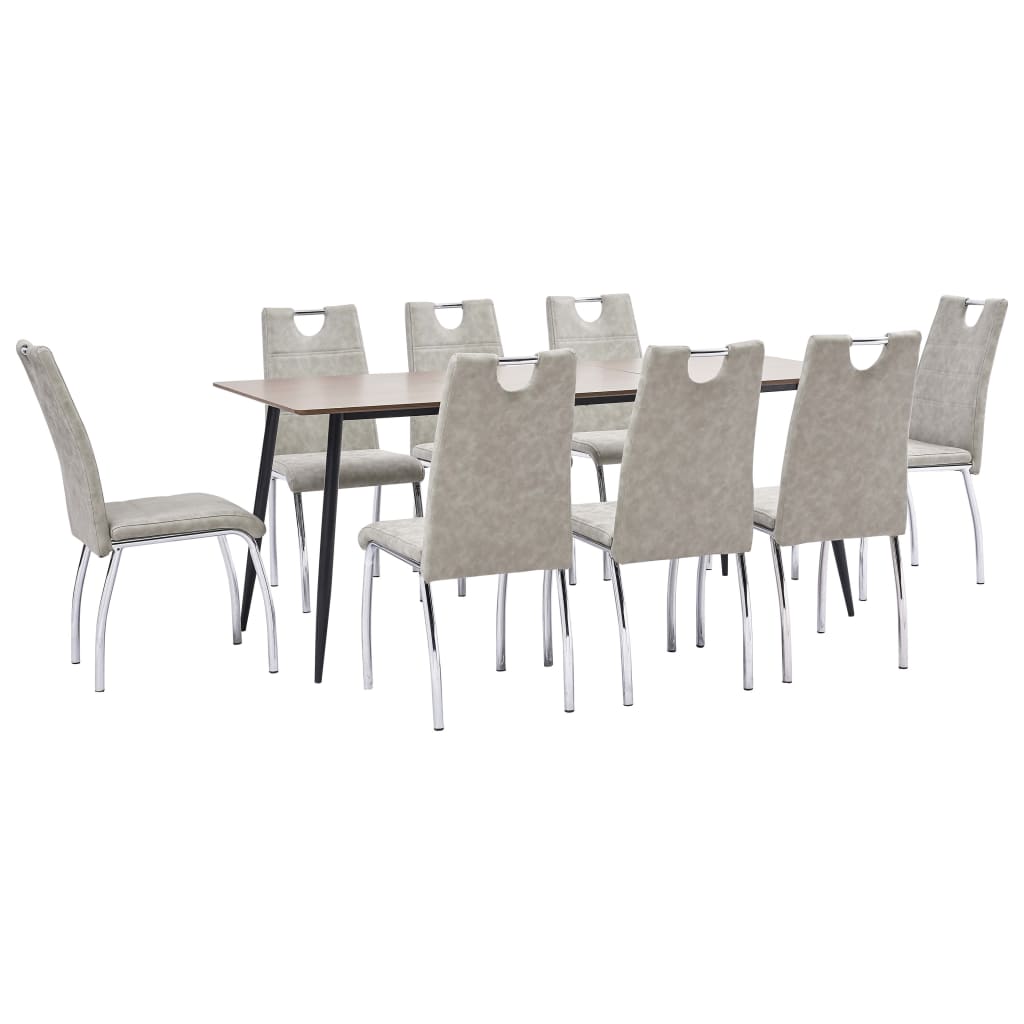 Set 9 piese masa cu scaune bucatarie, vidaXL, Piele artificiala/MDF/Otel, 180 x 90 x 75 cm, Gri deschis/Maro inchis