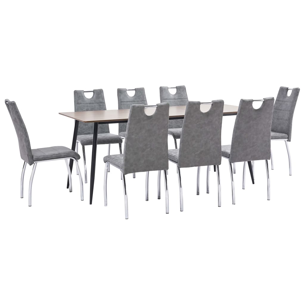 Set 9 piese masa cu scaune bucatarie, vidaXL, Piele artificiala/MDF/Otel, 180 x 90 x 75 cm, Gri inchis/Maro inchis
