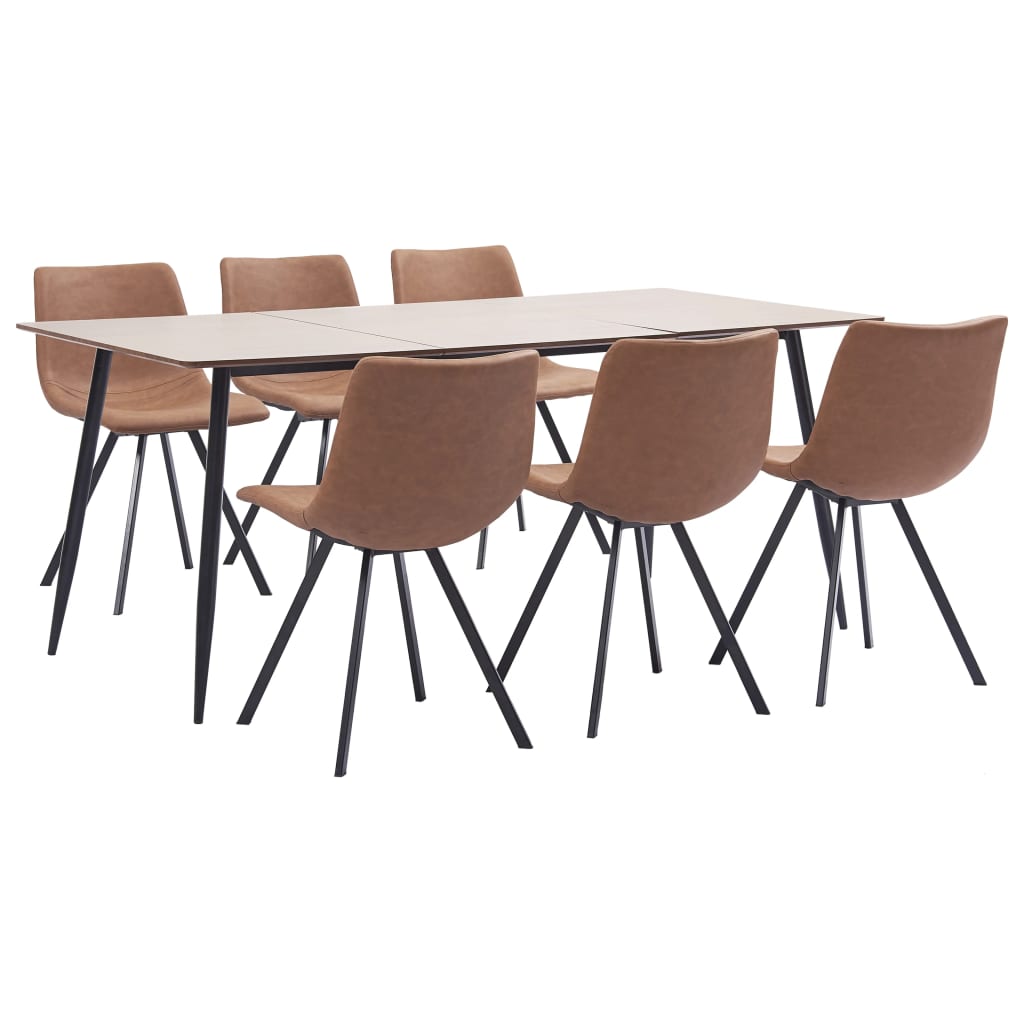 Set de 7 piese masa cu 6 scaune de bucatarie, vidaXL, Piele ecologica/MDF/Otel, 160 x 80 x 75 cm, Maro mat