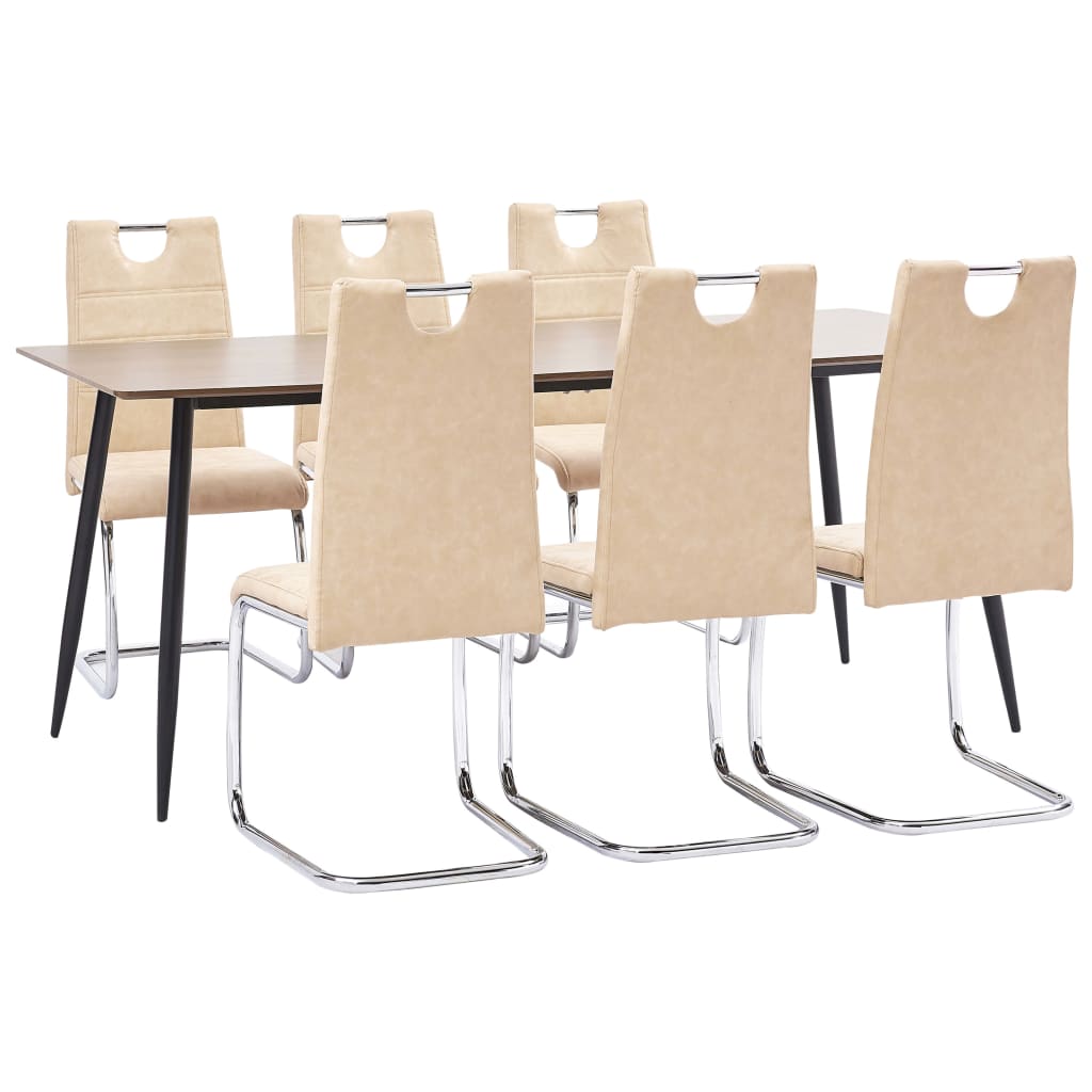 Set 7 piese masa cu scaune consola de bucatarie, vidaXL, Piele artificiala/MDF/Otel, 180 x 90 x 75 cm, Crem/Maro inchis