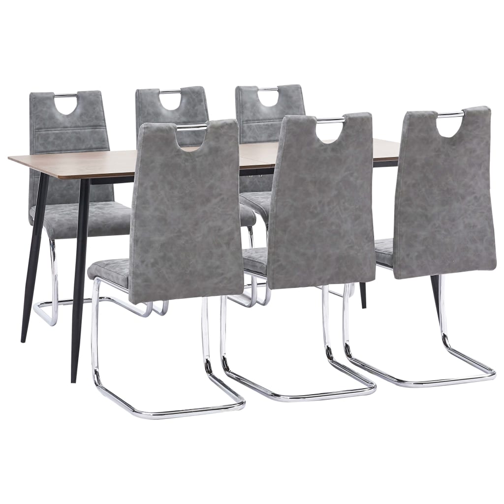 Set 7 piese masa cu scaune consola de bucatarie, vidaXL, Piele artificiala/MDF/Otel, 160 x 80 x 75 cm, Gri inchis/Maro inchis