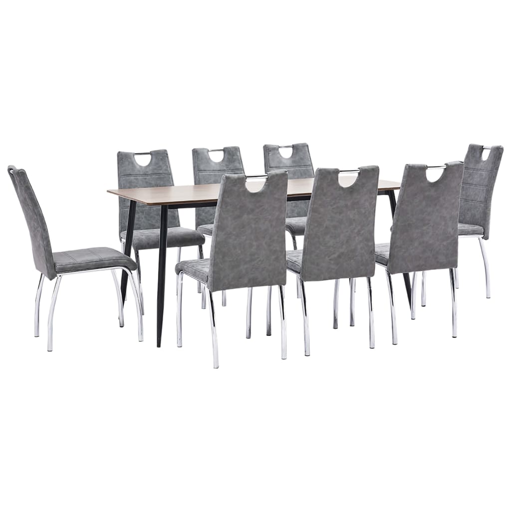 Set 9 piese masa cu scaune bucatarie, vidaXL, Piele artificiala/MDF/Otel, 160 x 80 x 75 cm, Gri inchis/Maro inchis