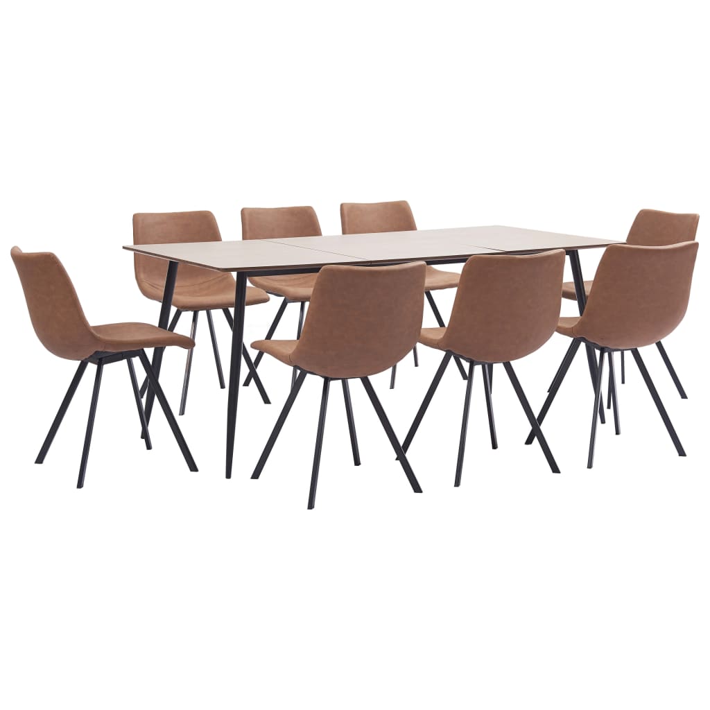 Set de 9 piese masa cu 8 scaune de bucatarie, vidaXL, Piele ecologica/MDF/Otel, 160 x 80 x 75 cm, Maro mat