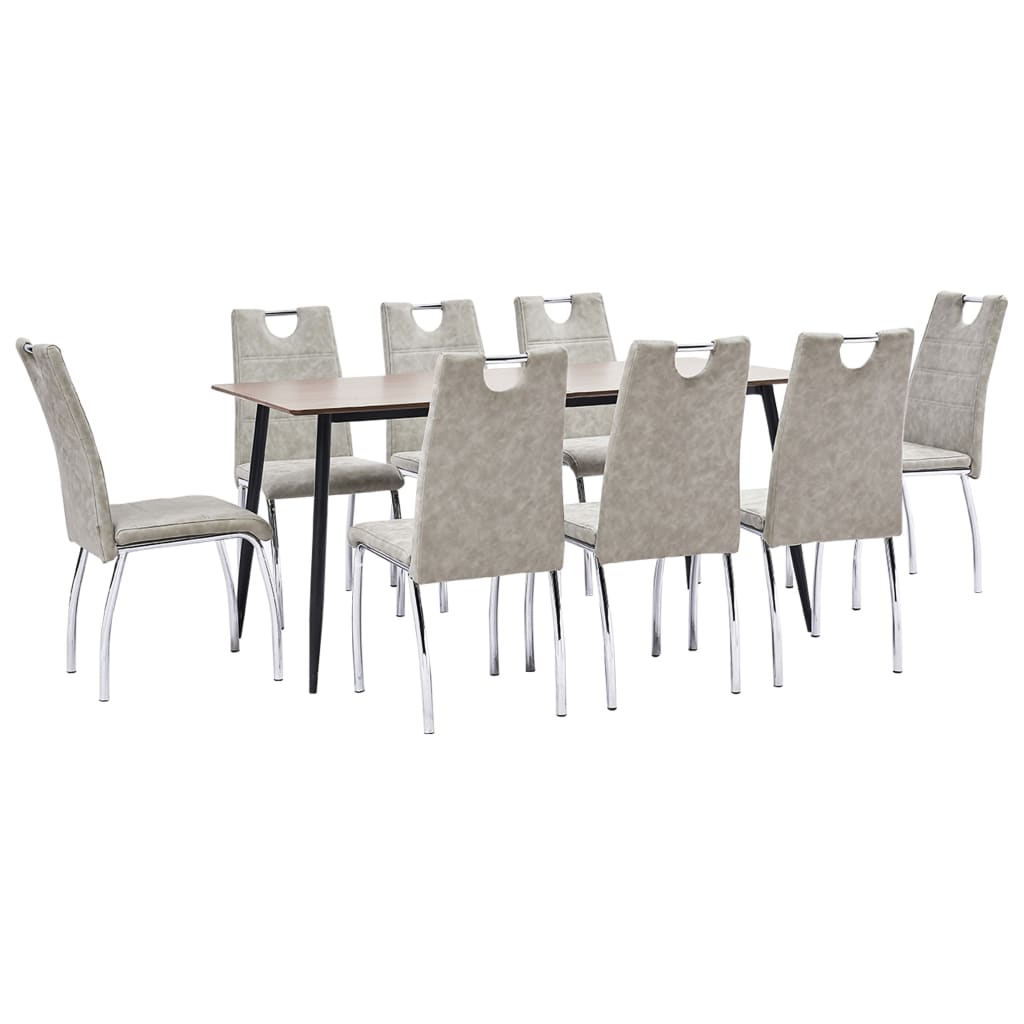 Set 9 piese masa cu scaune bucatarie, vidaXL, Piele artificiala/MDF/Otel, 160 x 80 x 75 cm, Gri deschis/Maro inchis