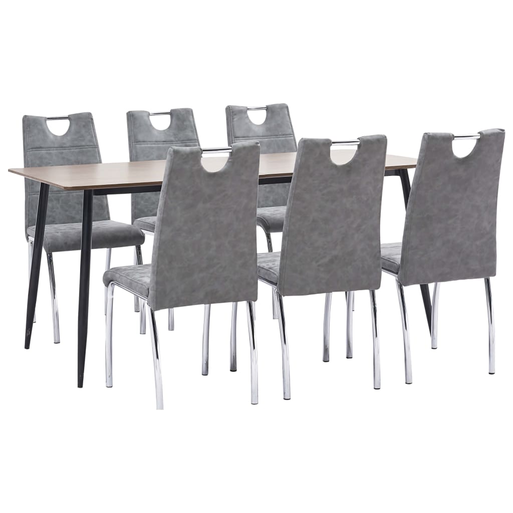 Set 7 piese masa cu scaune bucatarie, vidaXL, Piele artificiala/MDF/Otel, 160 x 80 x 75 cm, Gri inchis/Maro inchis